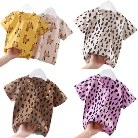 Children-amp;#39;S Leopard Print Cotton Short-sleeved T-shirt Summer New Style Boy Girl Baby Fashion Trend Top P4220
