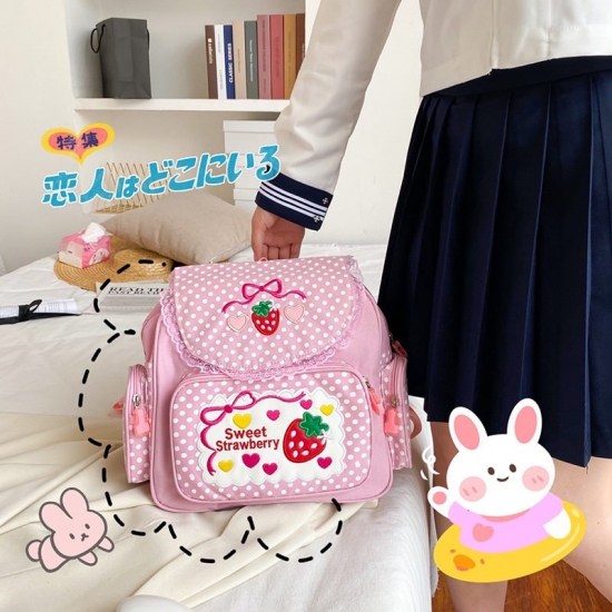 Japanese Schlool Bags Backpack Kids Cute Soft Girl Sweet Lovely Embroidered Fruit Strawberry Lace Girl Student Schoolbag Girl