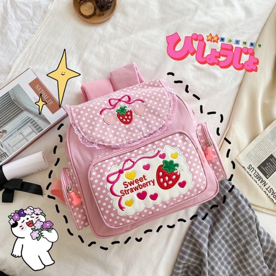 Pink Girl Embroidery Strawberry Children-amp;#39;S Schoolbag Student Girls Birthday Gift 2020 New Japanese Cartoon Children Backpack