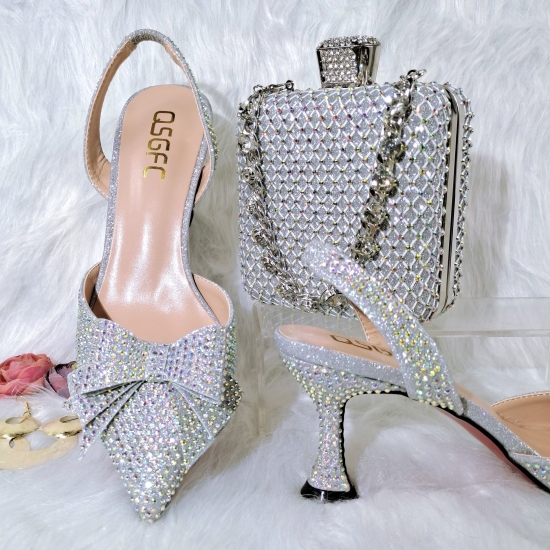 Qsgfc Silver Color Crystal Decoration Style Wine Glass Heel Friends Party Shoes Nigerian Fashion Ladies Shoes And Bag For Party