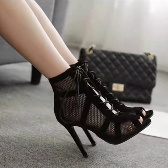 Women Lace Up Mesh Heels Summer Open Toe Tie Up Sandals Ladies Stiletto Strappy High Heels Wrap Fashion High Top Dance Shoes