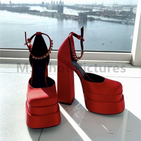 Luxury Brand Women High Heesl Shoes Sexy Thick Heel Platform Shoes Square Toe Rhinestone Woman-amp;#39;S Pumps Party Wedding Shoes 2022