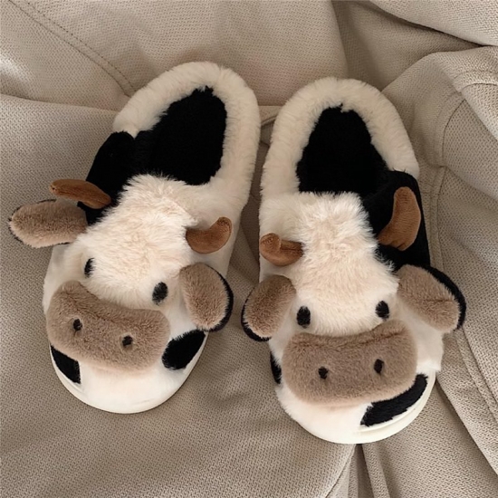 Upgrade Cute Animal Slipper For Women Girls Kawaii Fluffy Winter Warm Slippers Woman Cartoon Milk Cow House Slippers Funny Shoes