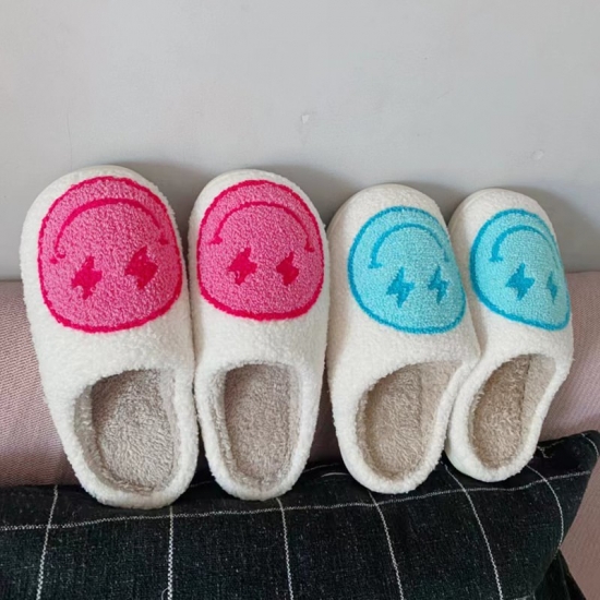 2023 Cute Smile Face Slippers Lightning Blue- Pink Wnter Warm Home Slippers For Woman  Man Fulffy Fur Slippers Indoor House