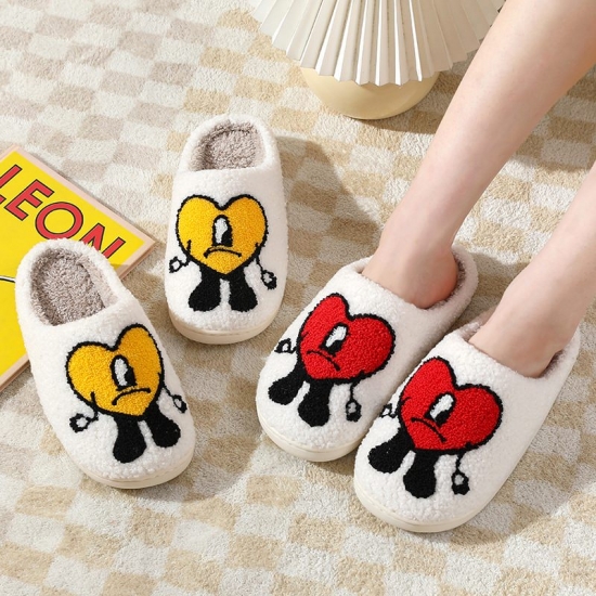 Autumn Winter Fulffy Fur Slippers Plush Fleece Flat Love Heart Slippers Sweet  Indoor Cotton Slippers For Couple Shoes