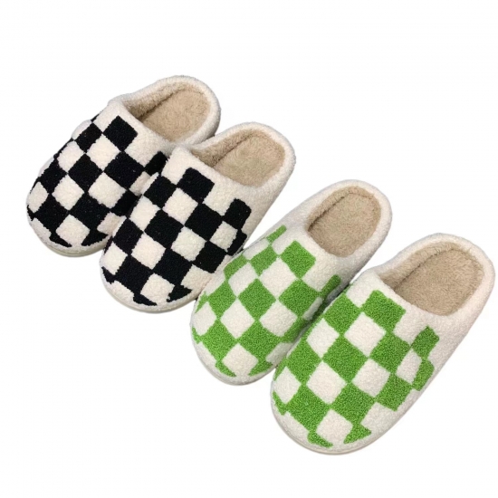 Fashion Black -Green Checker Indoor  Plush Slippers For Woman And Man Winter Warm Shoes