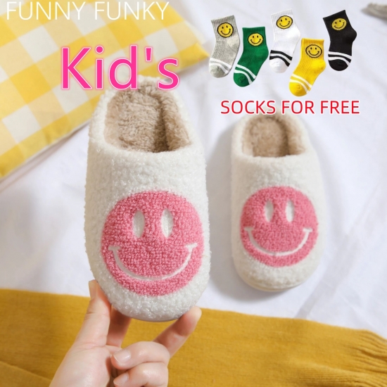 Smile Face Slippers Winter Kid-amp;#39;S Home Slippers Fluffy Faux Fur Non-slip Home Slippers Shoes For Women Kid Shoes
