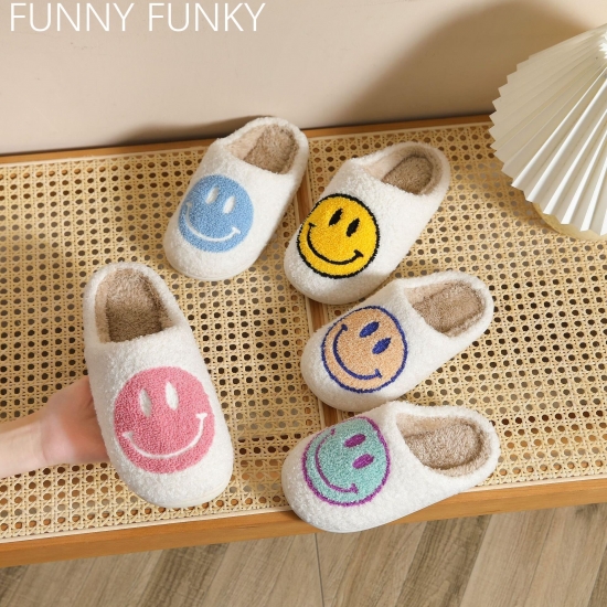 Smile Face Slippers Winter Kid-amp;#39;S Home Slippers Fluffy Faux Fur Non-slip Home Slippers Shoes For Women Kid Shoes