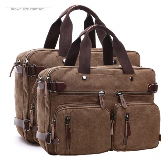 Vintage Men Canvas Bag Leather Briefcase Travel Suitcase Messenger Shoulder Tote Handbag Large Casual Business Laptop Pocket