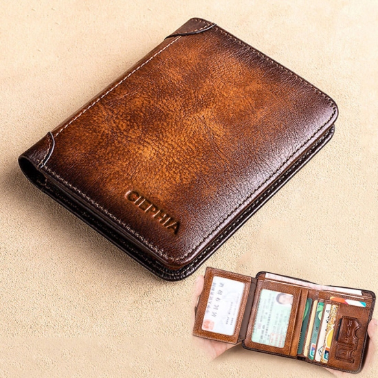 Genuine Leather Rfid Protection Wallets For Men Vintage Thin Short Multi Function Id Credit Card Holder  Bag