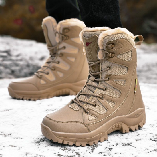 New Warm Plush Snow Boots Men Lace Up Casual High Top Men-amp;#39;S Boots Waterproof Winter Boots Anti-slip Ankle Boots Army Work Boots