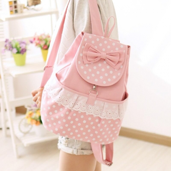 Japan Style Kawaii Dot Lace Bow Backpack Teens Casual Canvas School Bag Korean Mori Girl Fresh Students Travel Backpacks