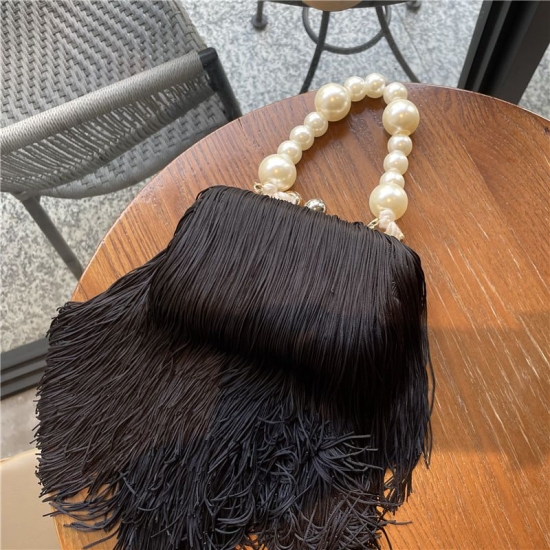 Tassel Small Square Bag Female Pearl Chain Handbag Dinner Bag High Quality Long Tassel Clutch Bag Black Evening Bag