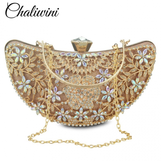 Chaliwini Classic Women Clutch Evening Bag Hollow Out Metal Wedding Sequined Shoulder Bag Prom Bridal Crystal Handbag Purses