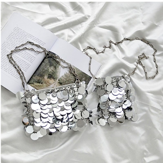 Luxury Women Bags Designer Silver Metal Sequins Chain Woven Bag Evening Bags Clutch Female Travel Holiday Shoulder Bag Handbag