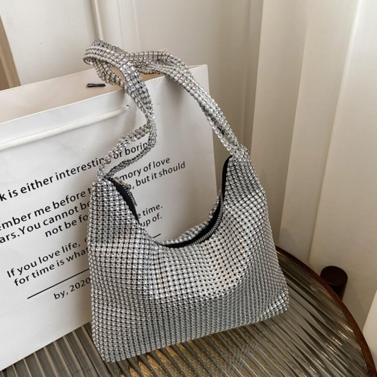 Delicate Shoulder Bag Rhinestone Bag Clutch Purses Handbag Evening Bag Silver Shiny Underarm Bag For Valentine-amp;#39;S Day