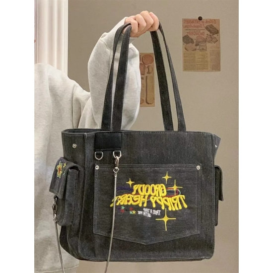Washed Canvas Embroidered Letters Portable Retro Vintage Tote High Capacity Shoulder Underarm Bag Shopping Bag Woman Bag