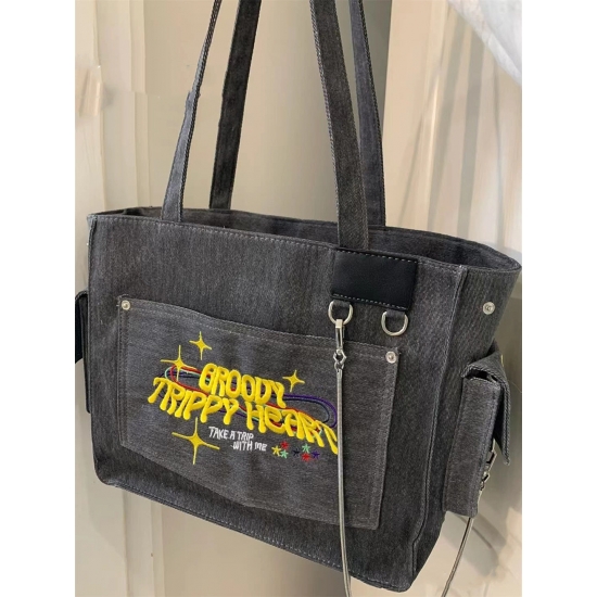 Washed Canvas Embroidered Letters Portable Retro Vintage Tote High Capacity Shoulder Underarm Bag Shopping Bag Woman Bag