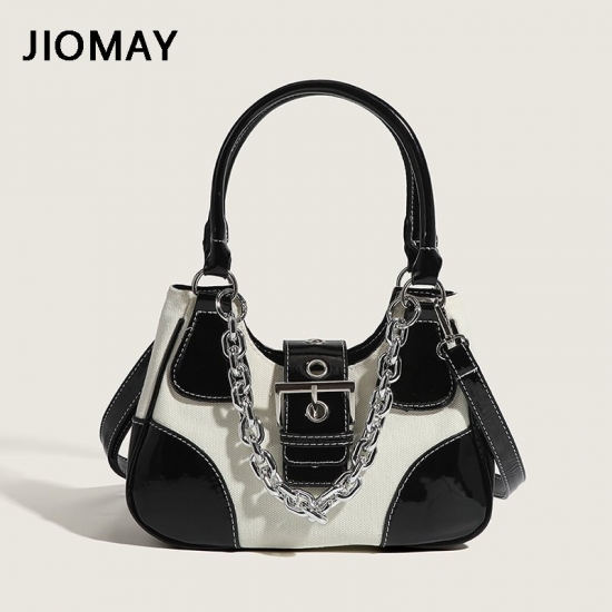 Jiomay Luxury Designer Handbags 2023 Women Pu Leather And Canvas Splicing Shoulder Bags  Girls Chain Crossbody Bags