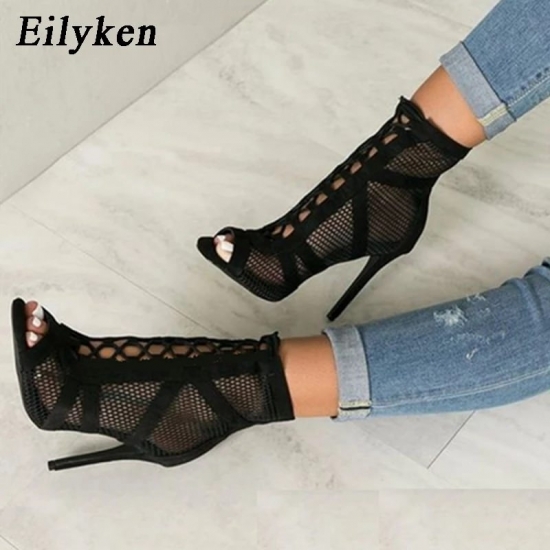 Eilyken 2023 Fashion Black Summer Sandals Lace Up Cross-tied Peep Toe High Heel Ankle Strap Net Surface Hollow Out Shoes