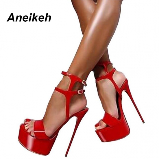 Aneikeh New 2023 Summer Fashion Sandals Sexy Open Toe 16Cm High Heels Party Dress Wedding Nightclub Women Shoes Black Red 45 46