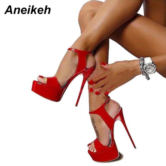 Aneikeh Hot Sales 2023 Summer Style Sexy 16Cm Women Sandals High Heels Open Toe Buckles Nightclub Party Shoe Black Big Size 15