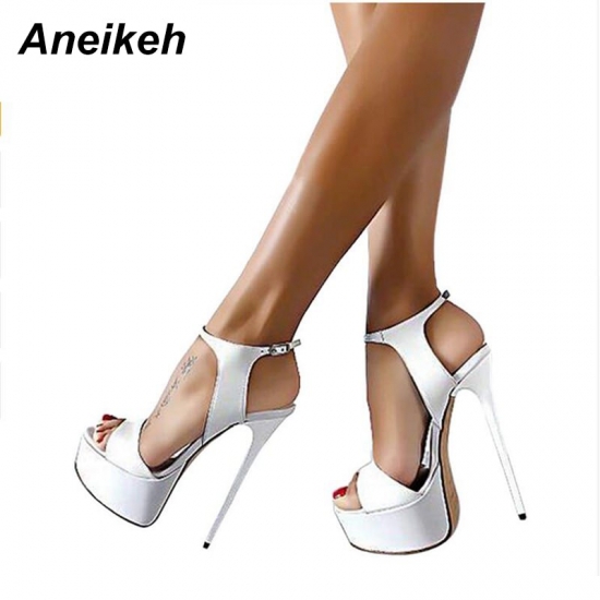Aneikeh Hot Sales 2023 Summer Style Sexy 16Cm Women Sandals High Heels Open Toe Buckles Nightclub Party Shoe Black Big Size 15