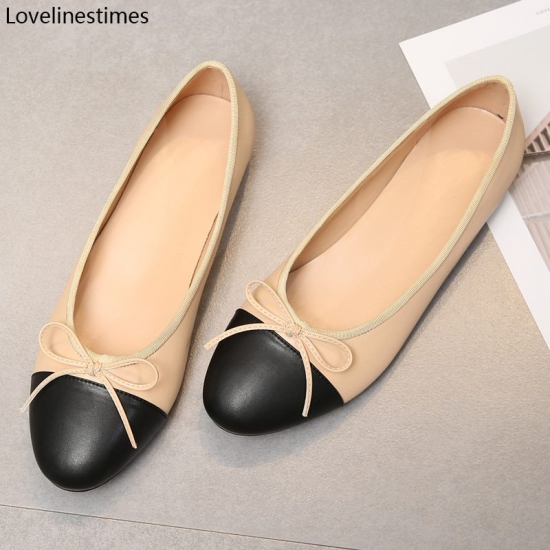 Ballet Flats Classic Shoes Women Basic 2023 Leather Tweed Cloth Two Color Splice Bow Round Ballet Shoe Fashion Flats Women Shoes