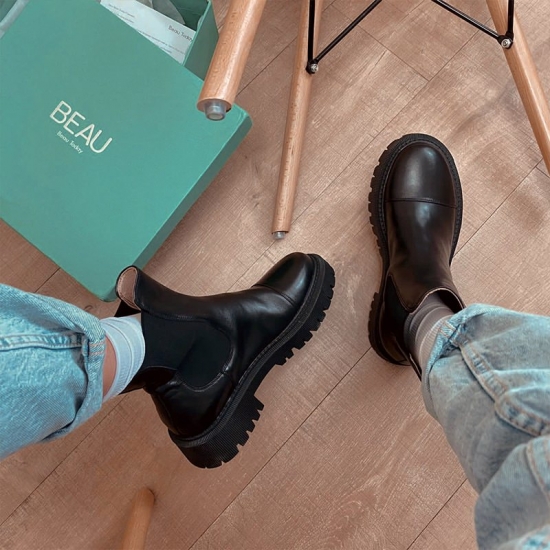 Beautoday Ankle Boots Platform Women Cow Leather Chelsea Boots Round Toe Elastic Band Thick Sole Ladies Shoes Handmade 02379