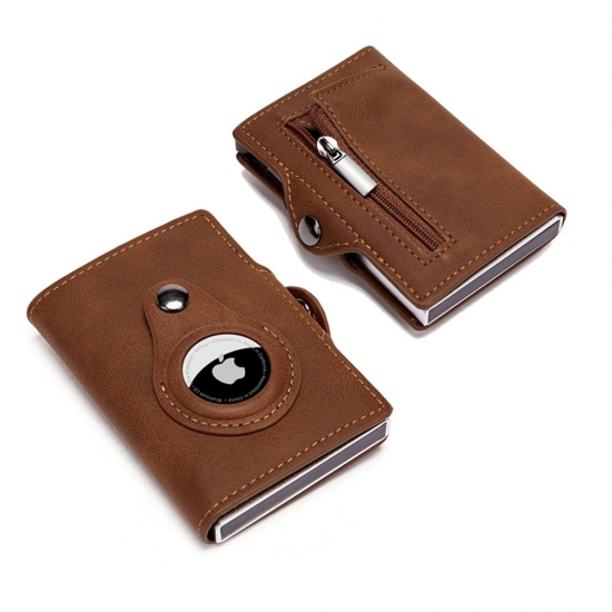 Airtag Men Wallet New Metal Aluminum Box Case Rfid Anti-theft Swipe Credit Card Holder Genuine Leather Short Zipper Coin Purse