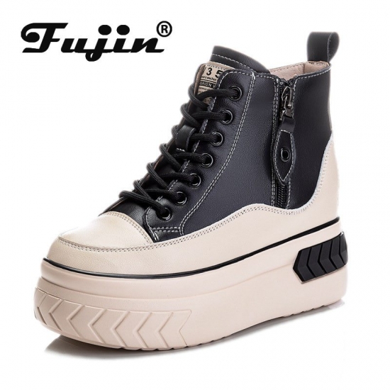 Fujin High Top Women Shoes Genuine Leather 8Cm Platform Boots Wedge Hidden Heel Zip Spring Autumn Warm Fur Winter Shoes Sneakers