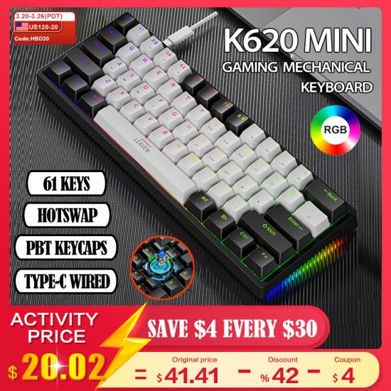 K620 Mini Gaming Mechanical Keyboard 61 Keys Rgb Hotswap Type-c Wired Gaming Keyboard Pbt Keycaps 60% Ergonomics Keyboards