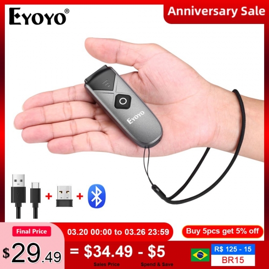 Eyoyo Mini Portable 1D 2D Bluetooth Barcode Scanner Qr Code Screen Image Reader Pdf417 Data Matrix Coms Scanning Usb Wired-2-4G