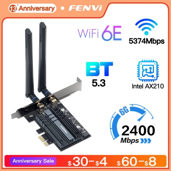 Fenvi 5374Mbps Wifi 6E Intel Ax210 Pcie Wireless Wifi Adapter 2-4G-5G-6Ghz 802-11Ax For Bluetooth 5-2 Ax200 Wifi 6 Card Pc Win10
