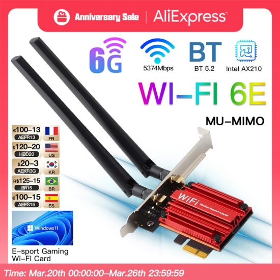 3000Mbps Wifi6E Intel Ax210 Bluetooth 5-3 Dual Band 2-4G-5Ghz Wifi Card 802-11Ax-Ac Pci Express Wireless Network Card Adapter Pc