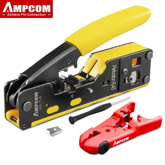 Ampcom Rj45 Rj11 Pass Through Crimping Tool For Cat7-6A Cat6-5 Ethernet Modular Plugs Connectors With Stripper And Spare Blade