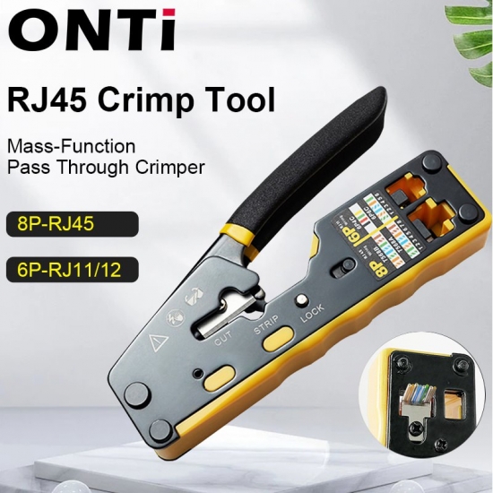 Onti Rj45 Crimp Tool Pass Through Crimper For Cat6 Cat5 Cat5E 8P8C Connector With Replacement Blade Ethernet Cable Stripper