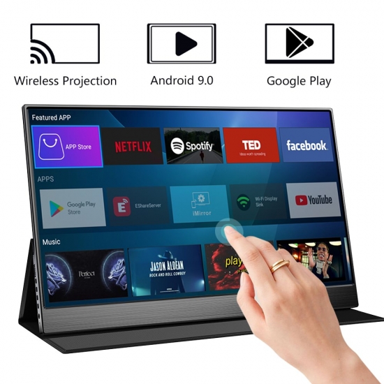 15-6 Wireless Touchscreen Smart Portable Monitor Android 9-0 Iptv App Store Google Play Bluetooth Remote Control Voice Assistant