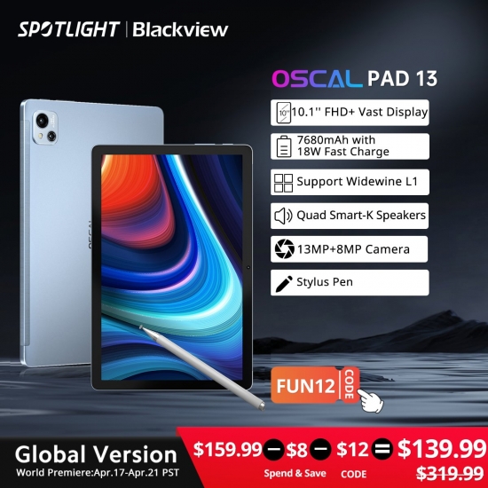 【World Premiere】Blackview Oscal Pad 13 Tablet 8Gb+256Gb 10-1-amp;Quot; Fhd+ Display 7680 Mah Android 12 Widevine L1 Unisoc T616 Tablet Pc