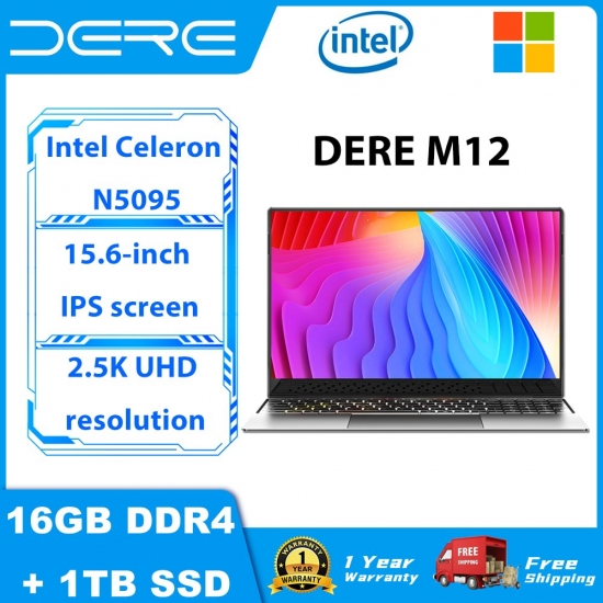 Dere Laptops M12, 15-6-inch 2-5K Ips, 16Gb Ram + 1Tb Ssd , Intel Celeron N5095, Office Learning Computer Windows 11 Notebook