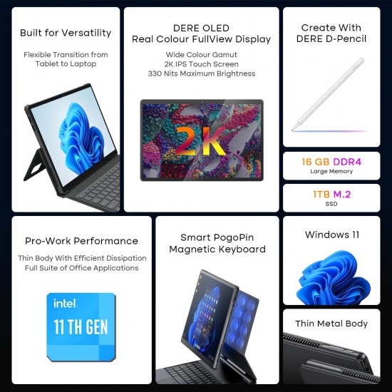 Dere Laptops T30 Pro ,13-inch 2K Ips Touch Screen,16Gb Ram+ 1Tb Ssd,Office Learning Computer,Ultrabook Windows 11 Notebook