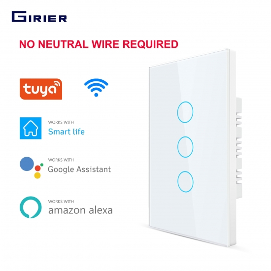Smart Wifi Touch Switch No Neutral Wire Required Smart Home 1-2-3 Gang Light Switch 220V Support Alexa Tuya App 433Rf Remote