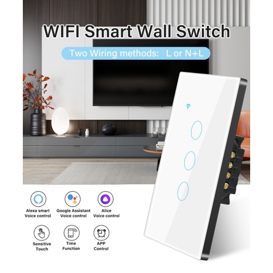 Tuya Wifi Us Smart Light Switch Neutral Wire-No Neutral Wire Required 120 Type Wall Touch Switch Work With Alexa, Google Home