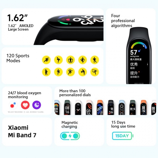 2022 Xiaomi Mi Band 7 Smart Bracelet 1-62-amp;Quot; Amoled Screen Blood Oxygen Fitness Traker Bluetooth Wristband Smart Watch Vs Band 8