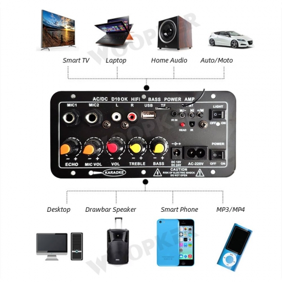 Woopker Bluetooth Audio Amplifier Board 120W Subwoofer Dual Microphone Amp Module For 4 Ohms 8-12 Inch Speaker 12-24V 110-220V
