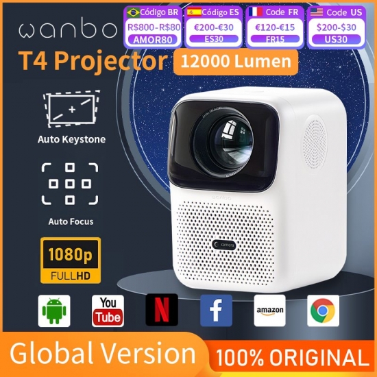 Wanbo T4 Projector Android 9-0 Full Hd 4K Projector 1920*1080P 12000 Lumens Auto Focus Keystone Correction Home Outdoor Movie