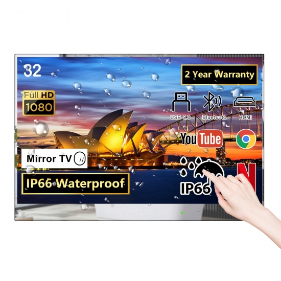 Soulaca 32 Inch Touchscreen Smart Mirror Tv For Bathroom Ip66 Waterproof Television Full Hd 1080P With Wi-fi-Bluetooth For Us