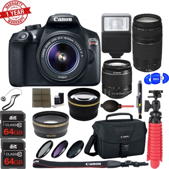 Canon EOS 1300D / Rebel T6 Digital SLR Camera w/ EF:S 18:55mm IS | EF:S 75:300mm Lens Bundle