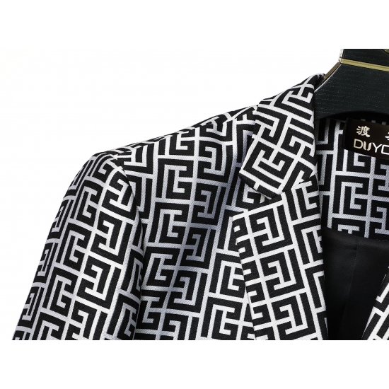 Men-s Gray Mongram Jacquard Blazer Casual Suit Fashion With Different Patterns Pocket Button Decoration Party Dress Various 7516