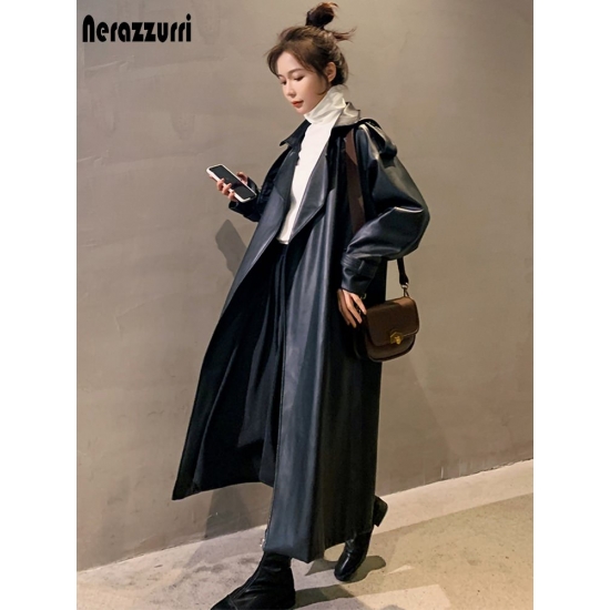 Nerazzurri Spring Black Oversized Long Waterproof Leather Trench Coat For Women 2021 Long Sleeve Loose Korean Fashion Clothing